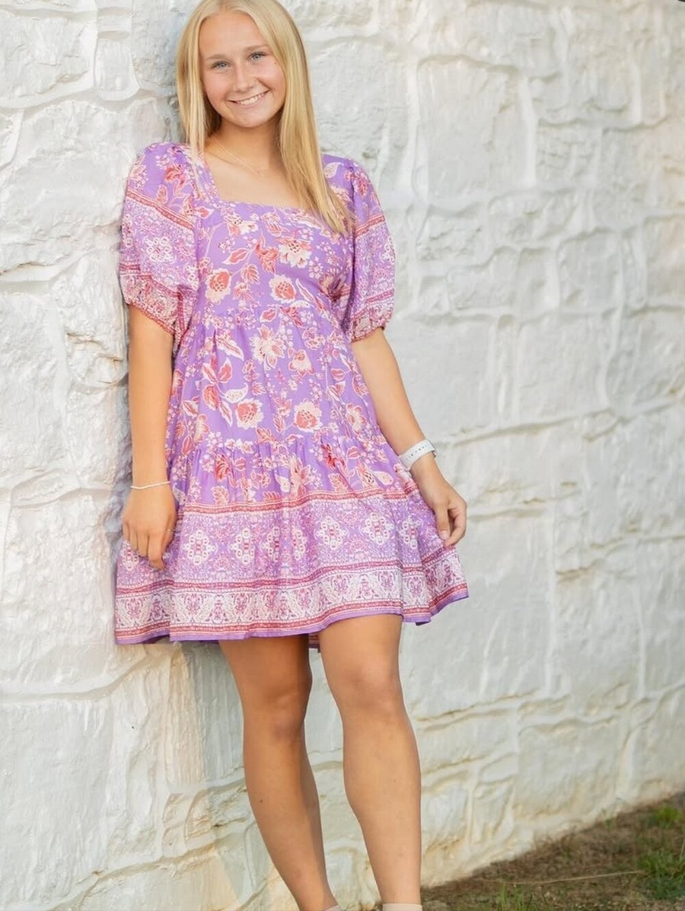 Band Of The Free Lilac And Pink Floral Puff Sleeve BohoMidi Dress Size S